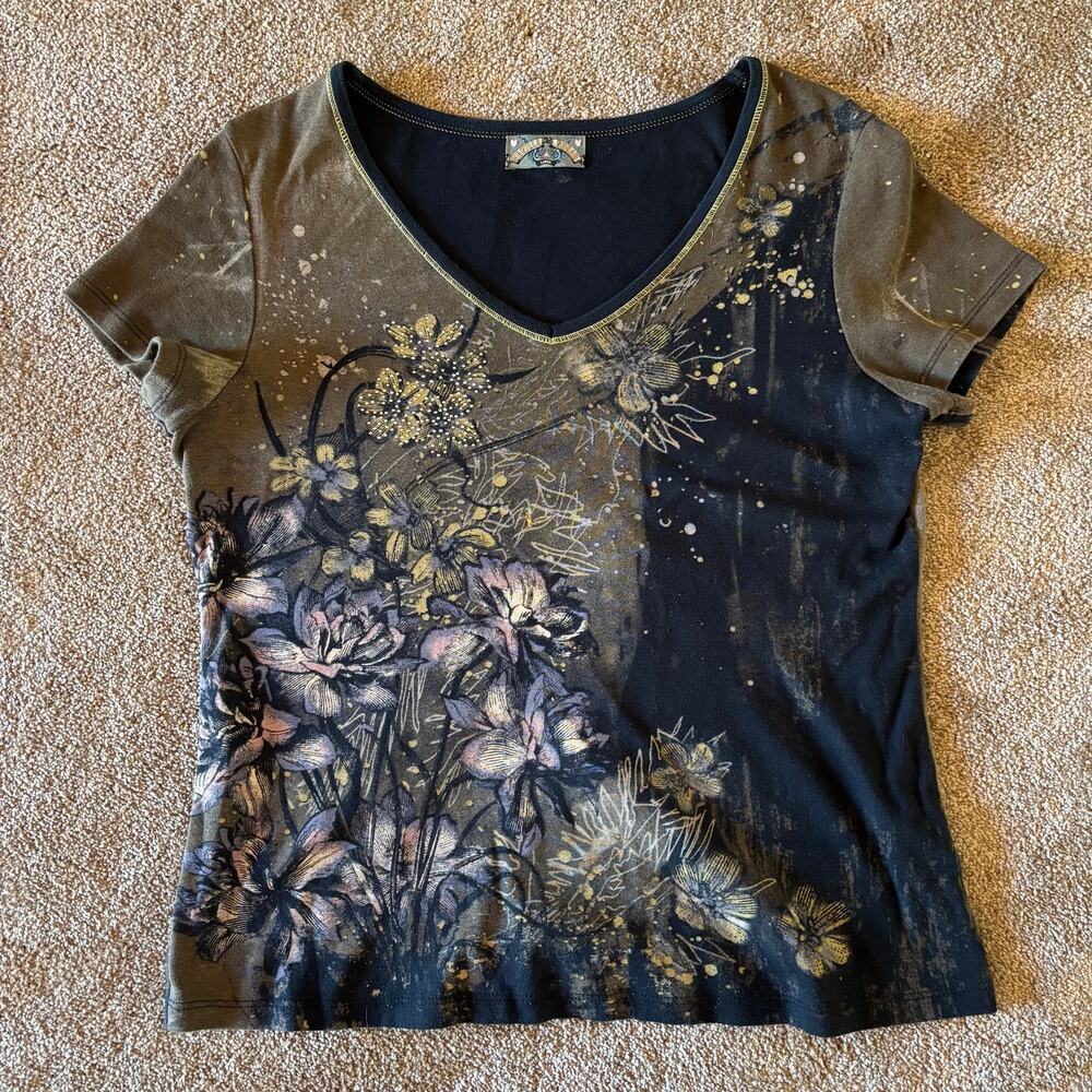 Vanilla Star Y2K Burnout Short Sleeve Top T Shirt Black Floral Grunge Whimsigoth